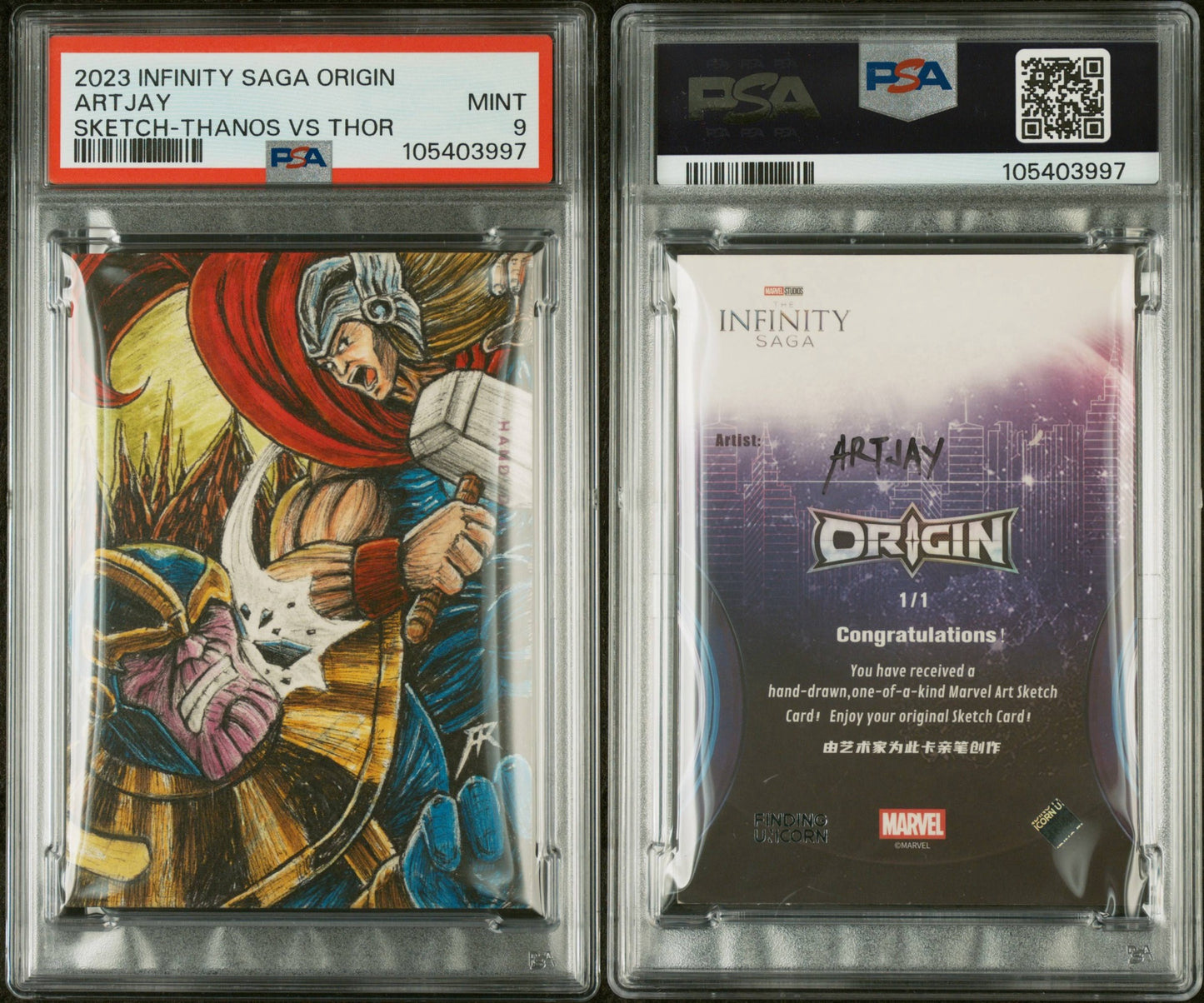 2023 Finding unicorn Marvel Infinity Saga Origin 1/1 Sketch Thanos Art Jay PSA 9
