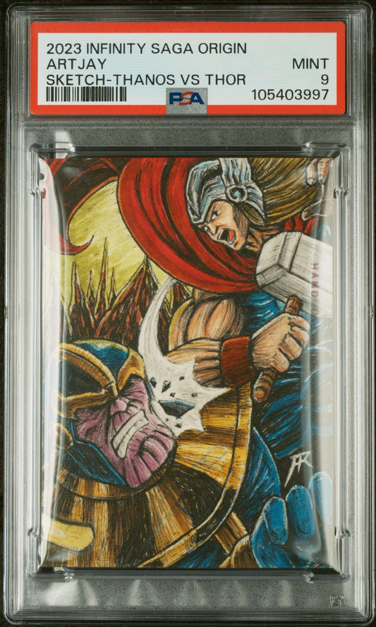 2023 Finding unicorn Marvel Infinity Saga Origin 1/1 Sketch Thanos Art Jay PSA 9